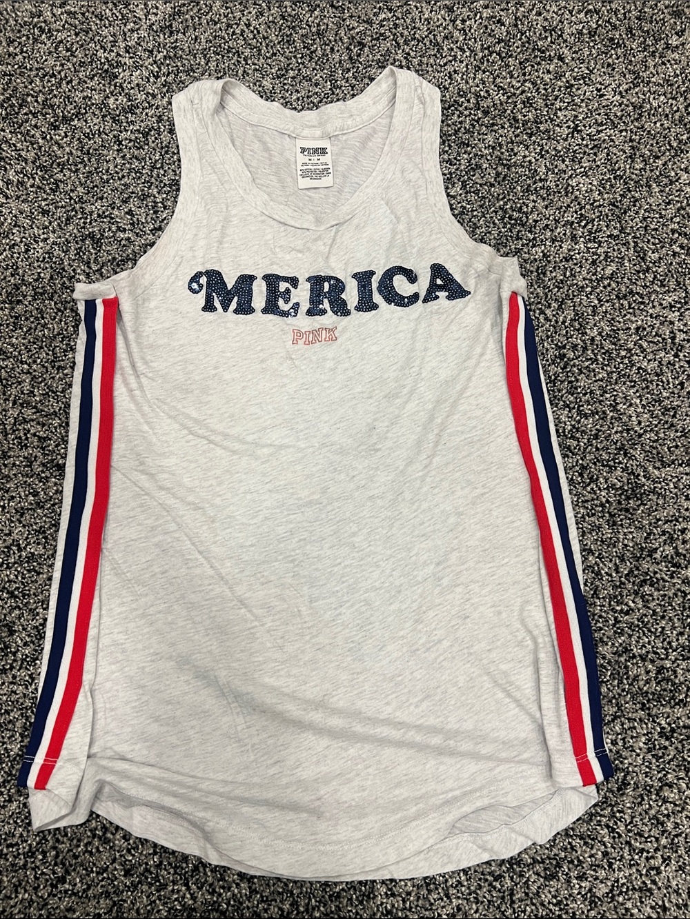 PINK Victoria's Secret Girls 'Merica Heather Gray Tank with Red & Navy Stripes